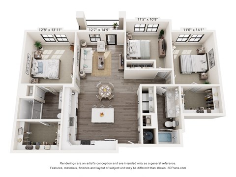 Floor plan for 3 beds, 2 baths, 1374 sqft